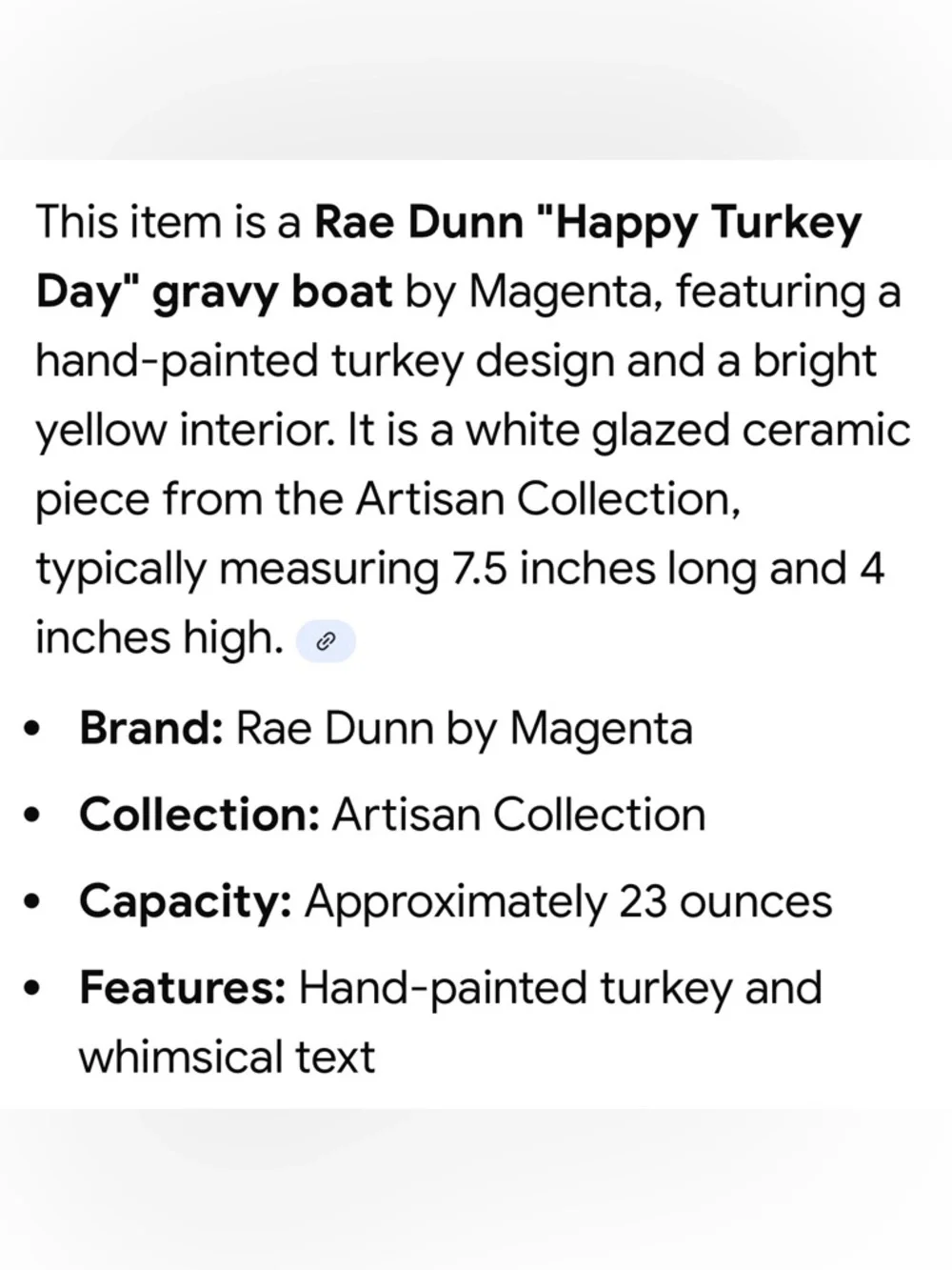 Rae Dunn by Magenta “happy Turkey day” Ceramic Gravy Boat W/Turkey EUC